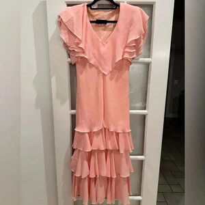 Vintage Justin David New York Pink Formal Tiered Ruffle Gown Dress Size 10 Med